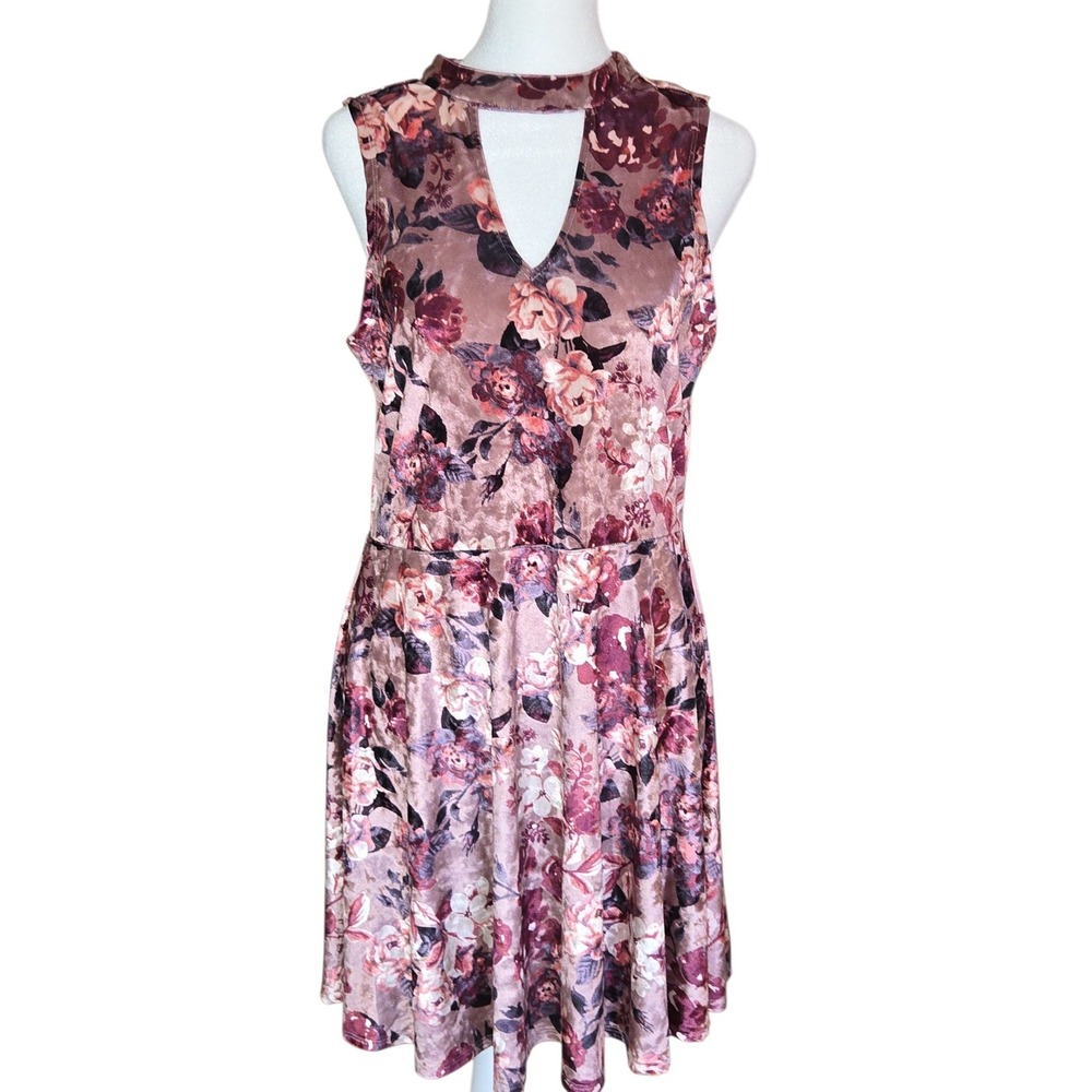 Mi Ami Womens LG Velvet Floral Skater Dress Mauve Pink Mock Neck Keyhole Retro